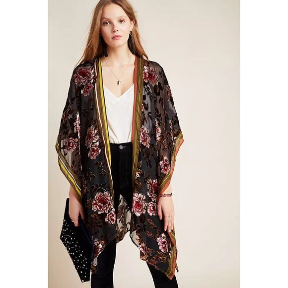 Arletta Women's Brown Pink Floral Viola Burnout Velvet Kimono - Picture 1 of 8